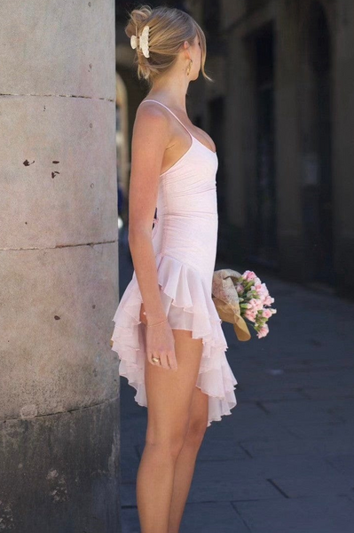 Spaghetti Straps Ruffles Scoop Neck Sleeveless Homecoming Party Dress