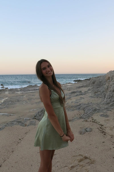 Spaghetti Straps Sage A-line Short Dress