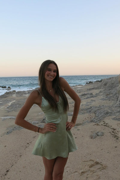 Spaghetti Straps Sage A-line Short Dress