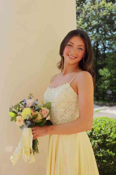 Spaghetti Straps Yellow Appliques A-line Long Dress
