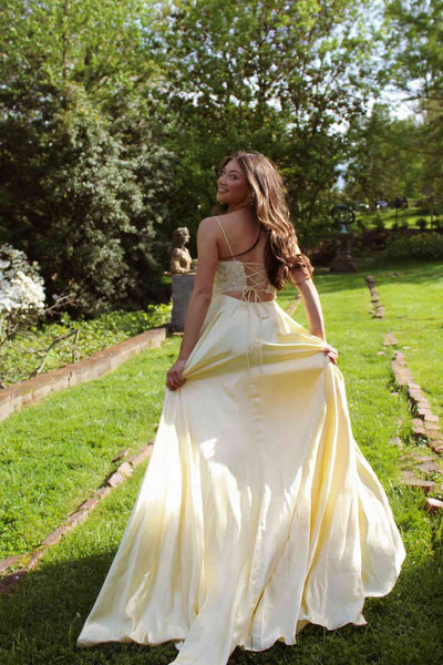 Spaghetti Straps Yellow Appliques A-line Long Dress