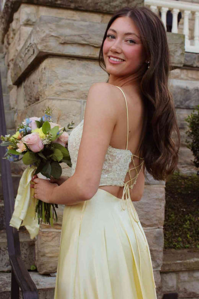 Spaghetti Straps Yellow Appliques A-line Long Dress