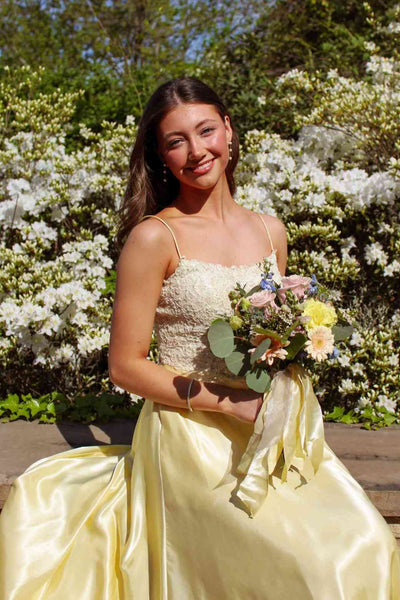 Spaghetti Straps Yellow Appliques A-line Long Dress