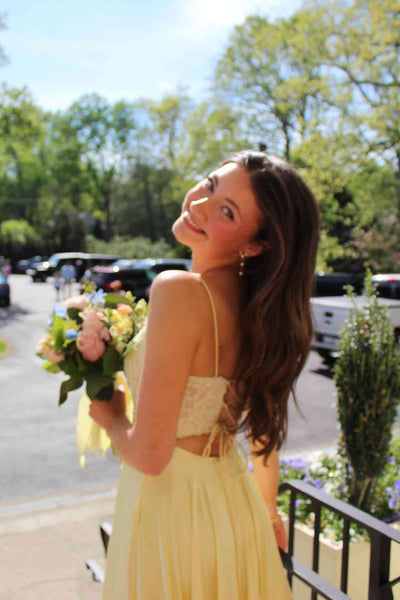 Spaghetti Straps Yellow Appliques A-line Long Dress
