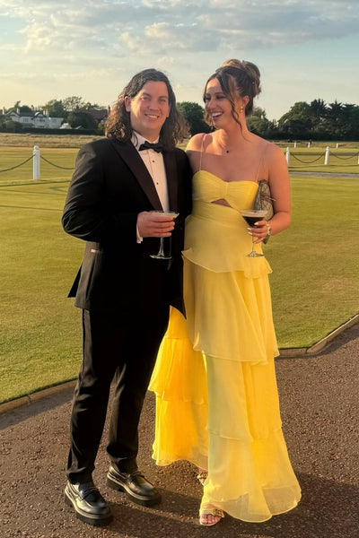 Spaghetti Straps Yellow Pleated Tiered Long Dress