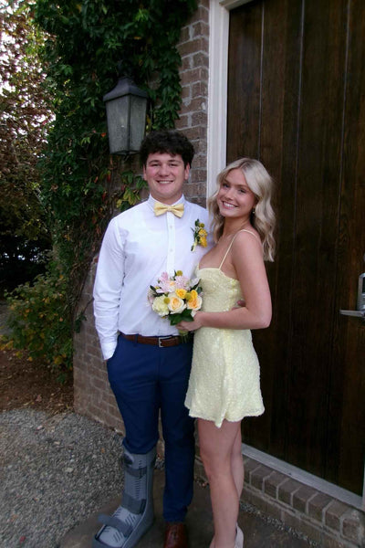 Spaghetti Straps Yellow Sequin A-line Short Dress