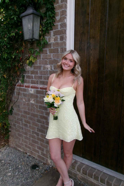 Spaghetti Straps Yellow Sequin A-line Short Dress