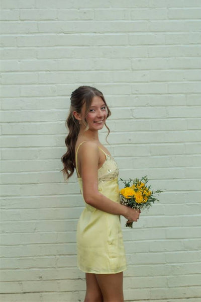 Spaghetti Straps Yellow Sequin A-line Short Dress