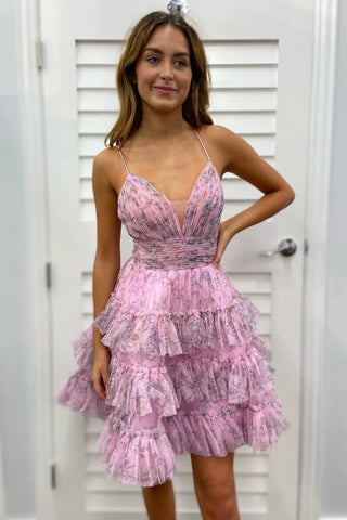 Spaghetti Straps Floral Print Short Tiered A-Line Homecoming Dresses VK081802