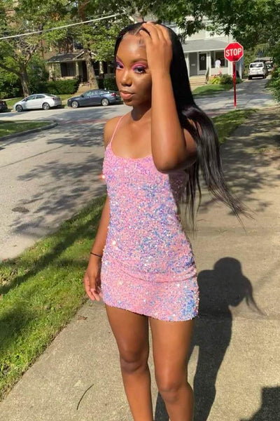 Spaghetti Straps Pink Scoop Neck Sequins Bodycon Tight Homecoming Dress VK23092008