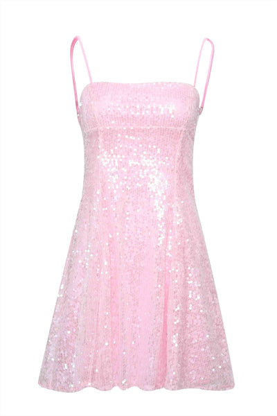 Spaghetti Straps Pink Sequin A-line Short Dress