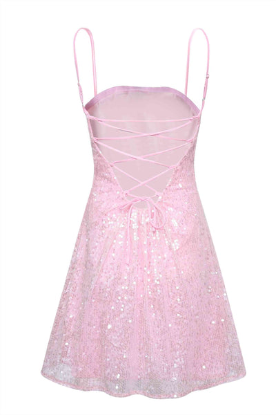 Spaghetti Straps Pink Sequin A-line Short Dress