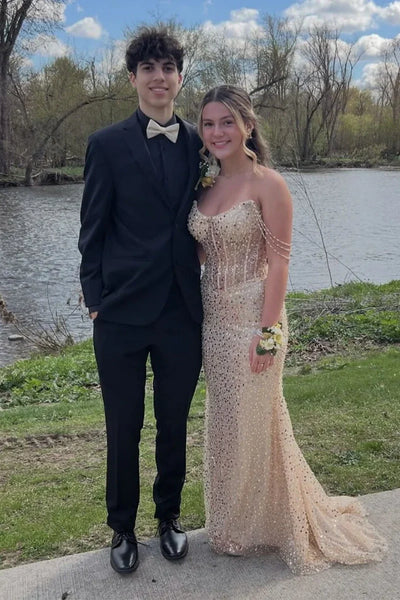 Sparkly Bateau Beaded Straps Mermaid Sequins Prom Dress