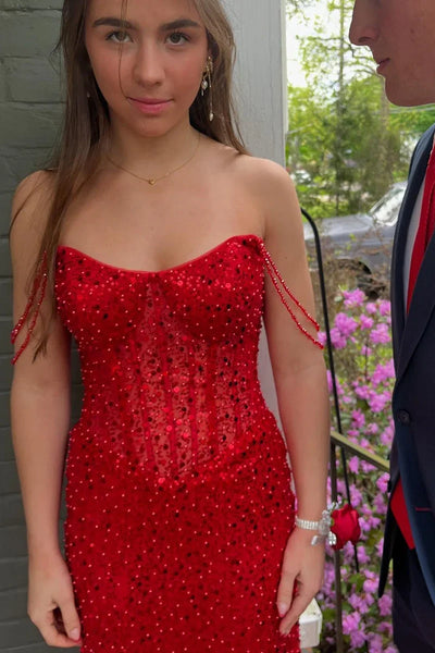 Sparkly Bateau Beaded Straps Mermaid Sequins Prom Dress