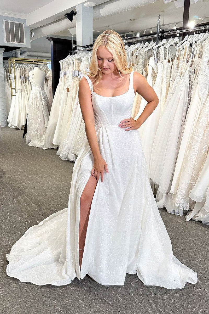 Sparkly A-Line Scoop Neck White Wedding Dresses with Slit VK24041201