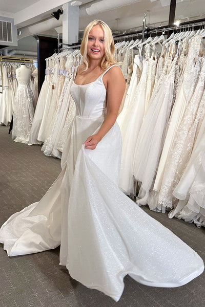 Sparkly A-Line Scoop Neck White Wedding Dresses with Slit VK24041201