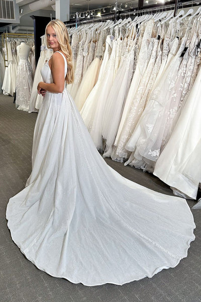 Sparkly A-Line Scoop Neck White Wedding Dresses with Slit VK24041201