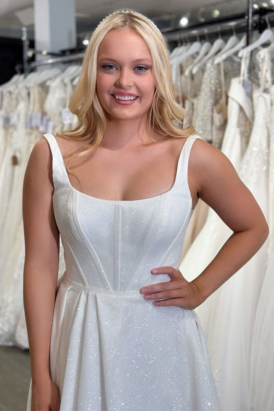 Sparkly A-Line Scoop Neck White Wedding Dresses with Slit VK24041201