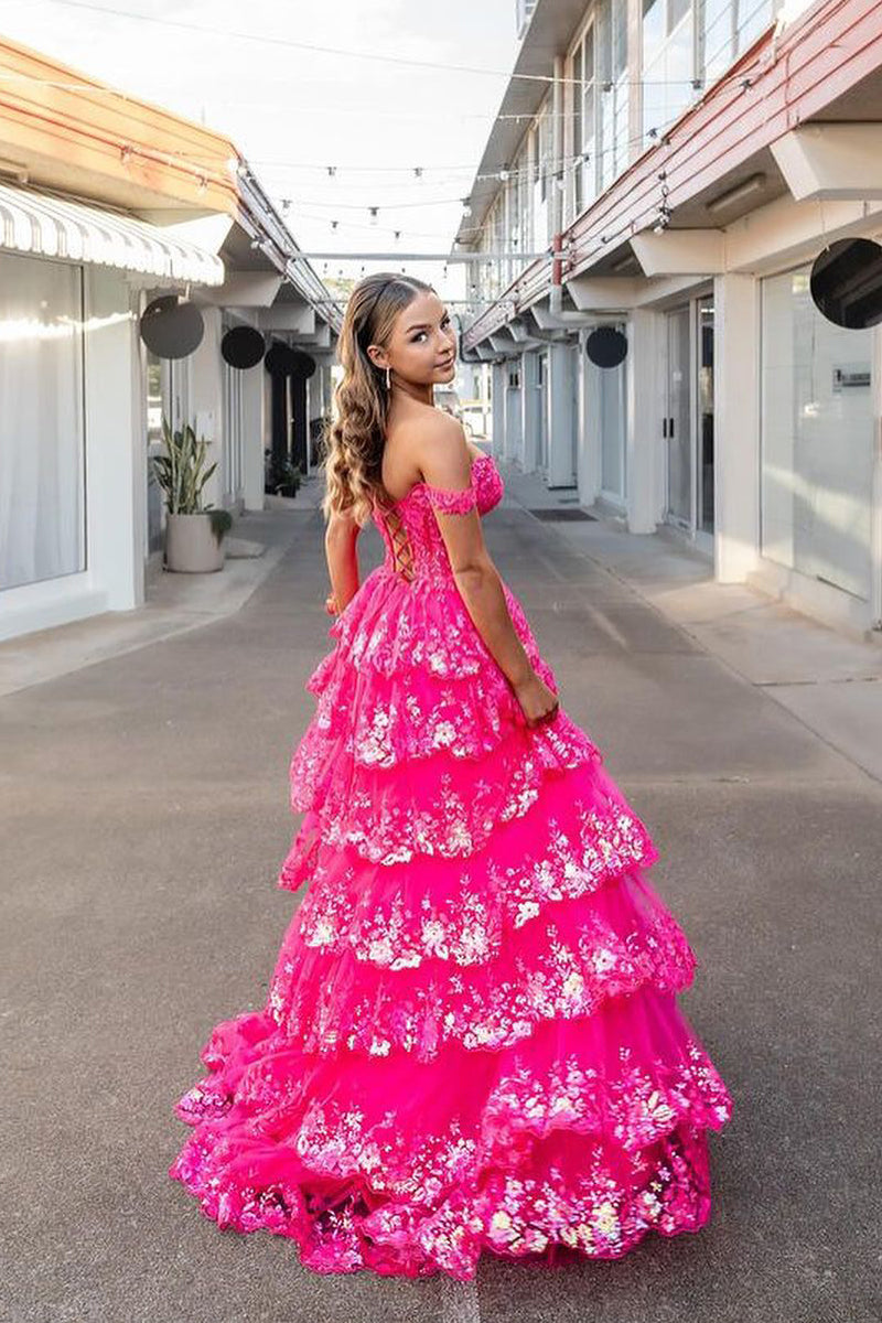 Sparkly Ball Gown Sweetheart Hot Pink Sequins Tiered Tulle Prom Dresse –  Vickidress