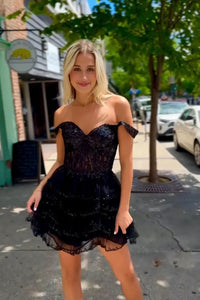 Sparkly Black Off the Shoulder Tulle Ruffled Short Homecoming Dress With Beading VK24061701-1