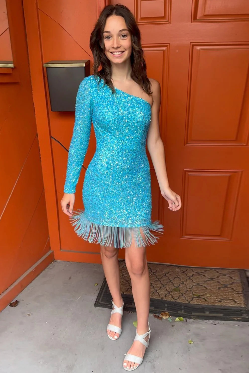Sparkly Blue Sequined One Shoulder Tight Short Homecoming Dress with Fringes VK23092203