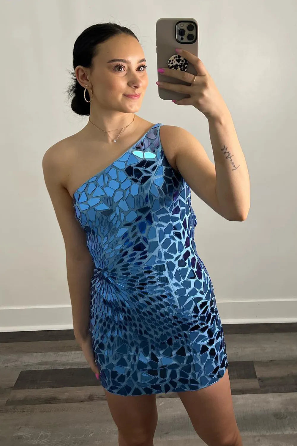 Sparkly Bodycon One Shoulder Blue Mirror-cuts Short Homecoming Dresses VK24082402