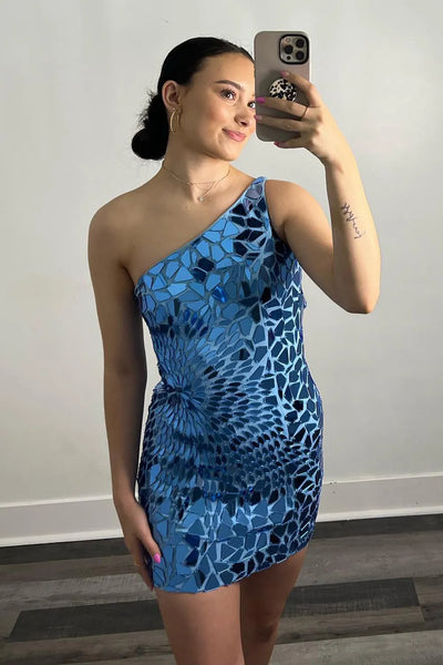 Sparkly Bodycon One Shoulder Blue Mirror-cuts Short Homecoming Dresses VK24082402