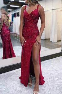 Sparkly Dark Red V Neck Sequins Long Prom Dress with Slit VK23101906-1