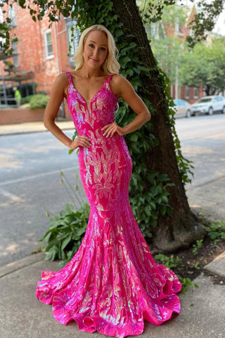 Sparkly Hot Pink Sequin V-Neck Mermaid Long Prom Dress VK23100305