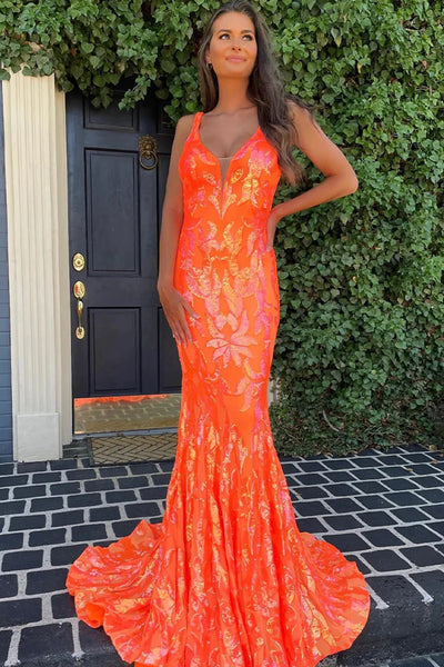 Sparkly Hot Pink Sequin V-Neck Mermaid Long Prom Dress VK23100305