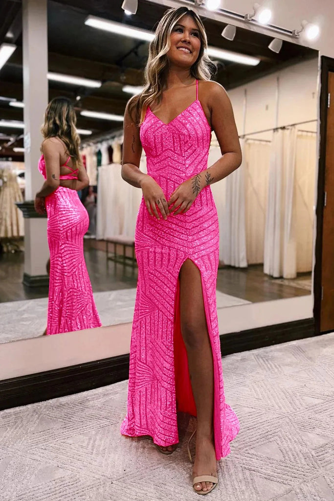 Sparkly Hot Pink Open Back Sequins Long Prom Dress with Slit VK23092903 Vickidress