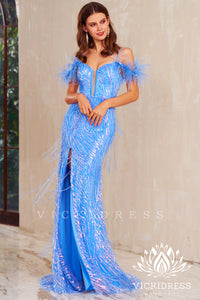 Sparkly Light Blue Cold Shoulder Sequin Lace Long Prom Dresses with Fringe VK24010721