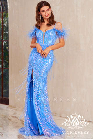 Sparkly Light Blue Cold Shoulder Sequin Lace Long Prom Dresses with Fringe VK24010721