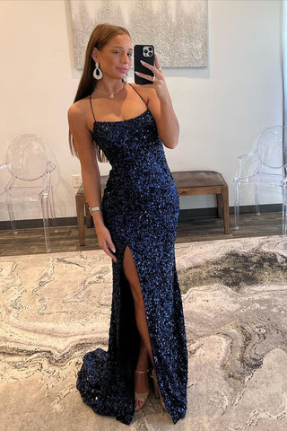 Sparkly Mermaid Scoop Neck Navy Blue Sequins Long Prom Dresses VK23091501-1
