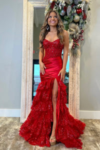Sparkly Mermaid Sweetheart Dark Red Satin Tiered Prom Dress VK1322811-1