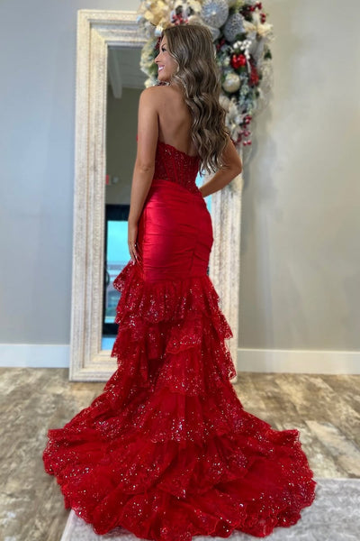 Sparkly Mermaid Sweetheart Dark Red Satin Tiered Prom Dress VK1322811-2
