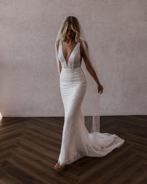 Sparkly Mermaid V Neck Sequins Lace Long Wedding Dresses VK23052103-2