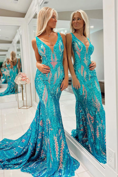 Pretty Fuchsia Sequin Lace V Neck Mermaid Long Prom Dresses VK23120503
