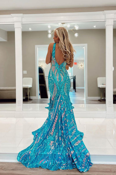 Pretty Fuchsia Sequin Lace V Neck Mermaid Long Prom Dresses VK23120503