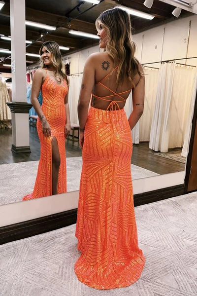 Sparkly Oragne Sequins Mermaid Long Prom Dress with Slit VK23092903-1