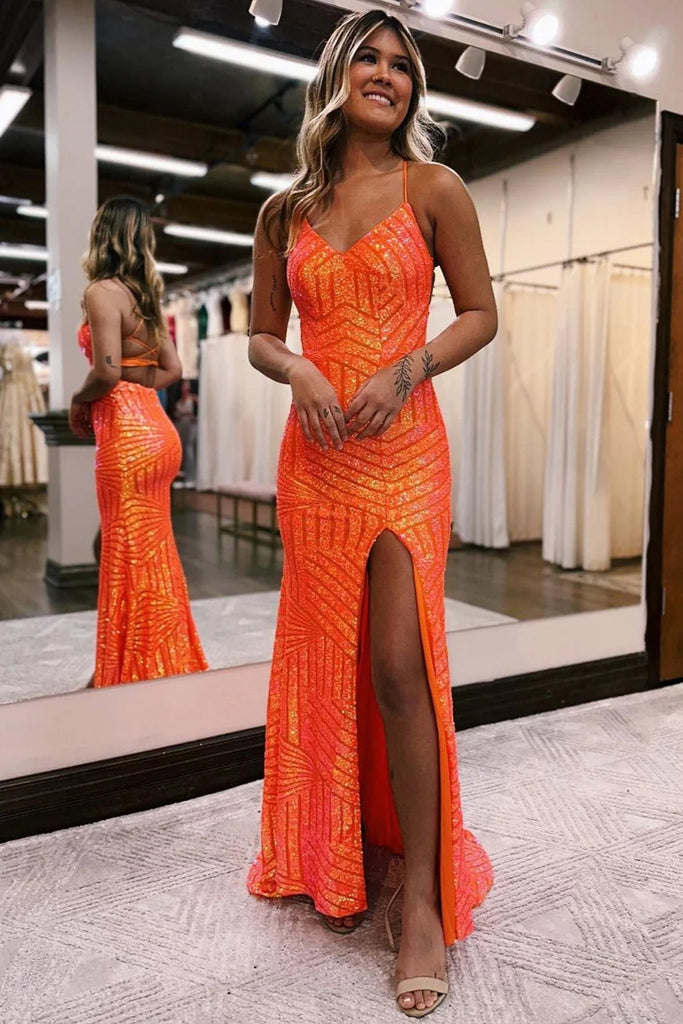 Sparkly Hot Pink Open Back Sequins Long Prom Dress with Slit VK23092903 Vickidress