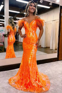 Sparkly Orange Sequins Off the Shoulder Mermaid Long Prom Dress with Feathers VK23100304