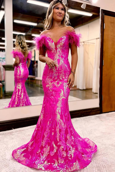 Sparkly Orange Sequins Off the Shoulder Mermaid Long Prom Dress with Feathers VK23100304