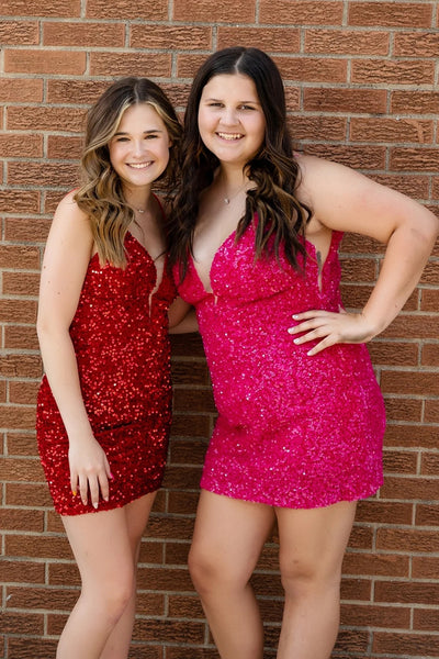 Sparkly Red Sequin V Neck Tight Short Homecoming Dress VK23091802