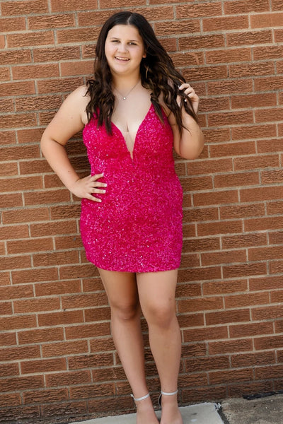 Sparkly Red Sequin V Neck Tight Short Homecoming Dress VK23091802