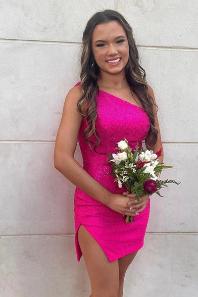 Sparkly Royal Blue One Shoulder Tight Homecoming Dress with Slit VK23091905