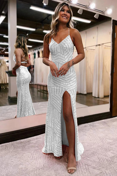 Sparkly Silver Sequins Mermaid Long Prom Dress with Slit VK23092903-1