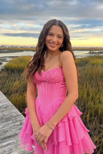 Square Neck Bright Pink Appliques Tiered Short Dress