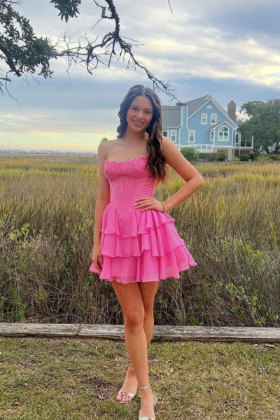 Square Neck Bright Pink Appliques Tiered Short Dress