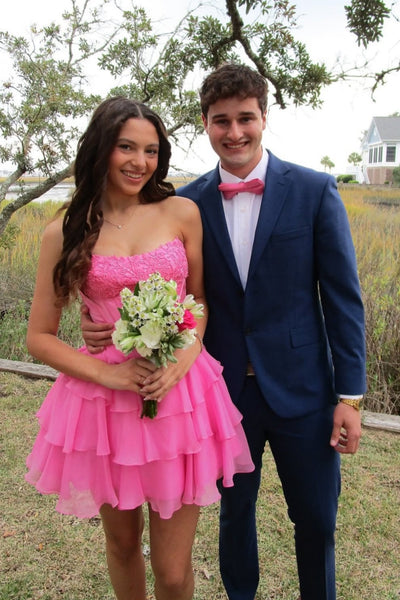 Square Neck Bright Pink Appliques Tiered Short Dress